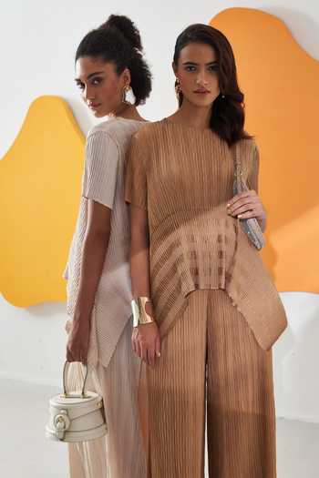 Pleats By Aruni_Beige Crepe Satin Solid Round Pleated High-low Top And Culotte Pant Set_Online_at_Aza_Fashions