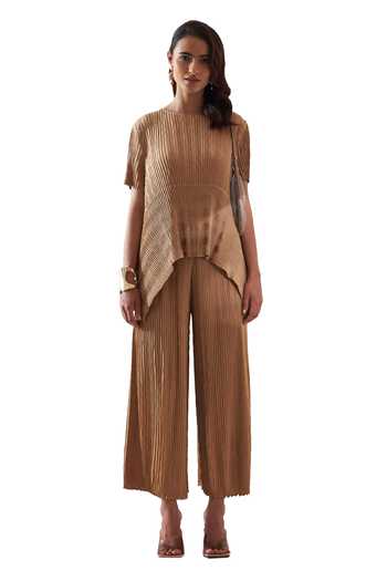 Buy_Pleats By Aruni_Beige Crepe Satin Solid Round Pleated High-low Top And Culotte Pant Set_Online_at_Aza_Fashions