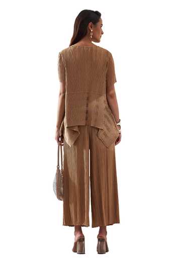Pleats By Aruni_Beige Crepe Satin Solid Round Pleated High-low Top And Culotte Pant Set_at_Aza_Fashions