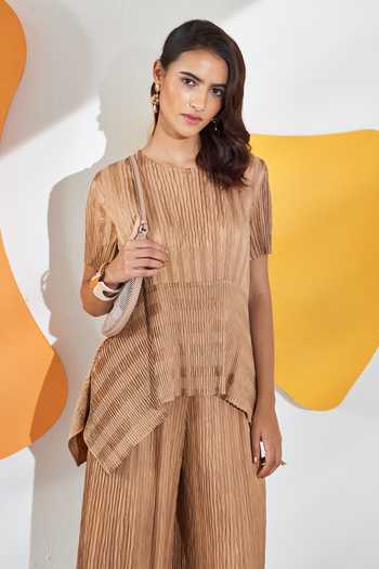 Buy_Pleats By Aruni_Beige Crepe Satin Solid Round Pleated High-low Top And Culotte Pant Set