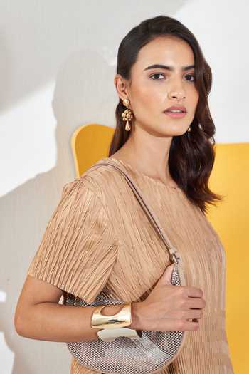 Shop_Pleats By Aruni_Beige Crepe Satin Solid Round Pleated High-low Top And Culotte Pant Set