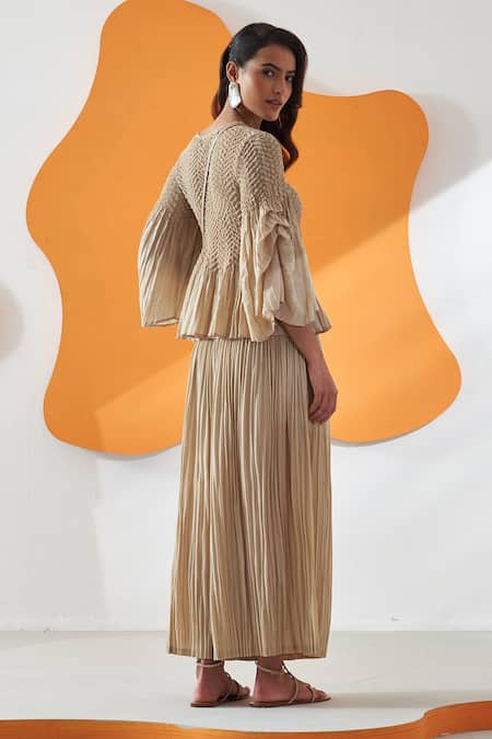 Pleats By Aruni Beige Round Neck Pleated Top And Culotte Pant Set Online at Aza Fashions Pleats By Aruni_Beige Round Neck Pleated Top And Culotte Pant Set _Online_at_Aza_Fashions