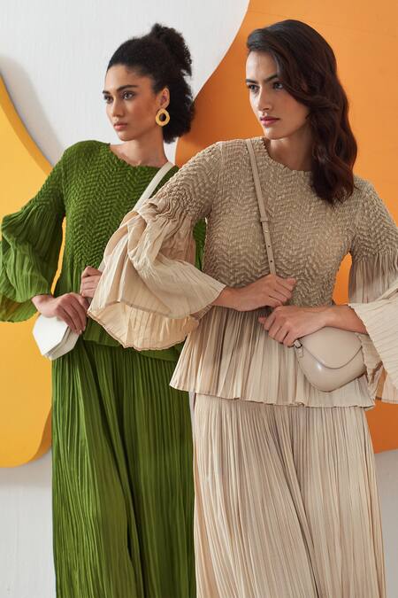 Buy Pleats By Aruni Beige Round Neck Pleated Top And Culotte Pant Set Online at Aza Fashions Buy_Pleats By Aruni_Beige Round Neck Pleated Top And Culotte Pant Set _Online_at_Aza_Fashions