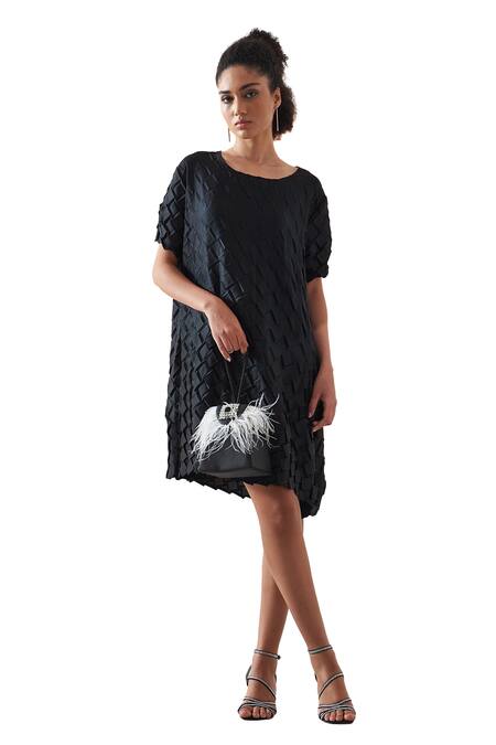 Pleats By Aruni_Black Crepe Satin Solid Round Anyaa Origami Folds Pleated Short Dress_Online_at_Aza_Fashions