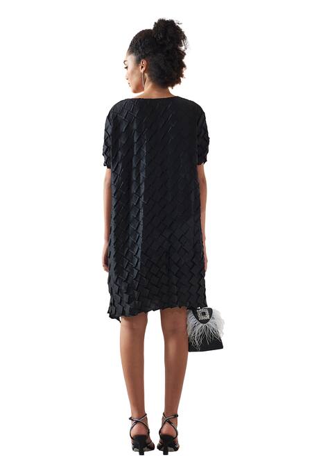 Shop_Pleats By Aruni_Black Crepe Satin Solid Round Anyaa Origami Folds Pleated Short Dress_Online_at_Aza_Fashions