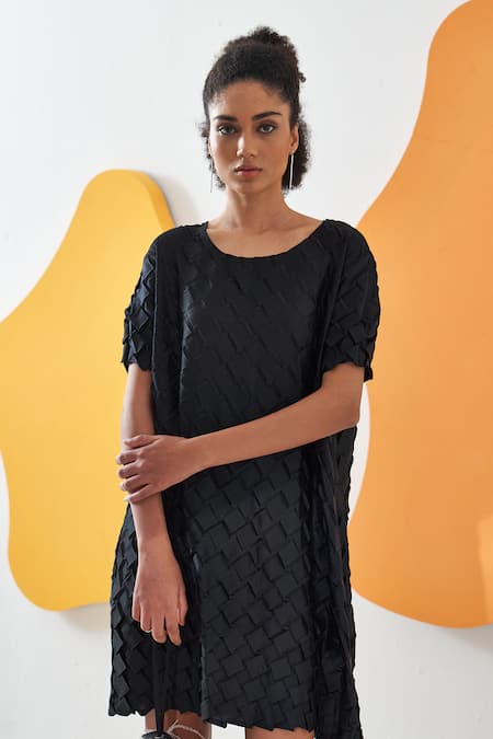 Pleats By Aruni_Black Crepe Satin Solid Round Anyaa Origami Folds Pleated Short Dress_at_Aza_Fashions