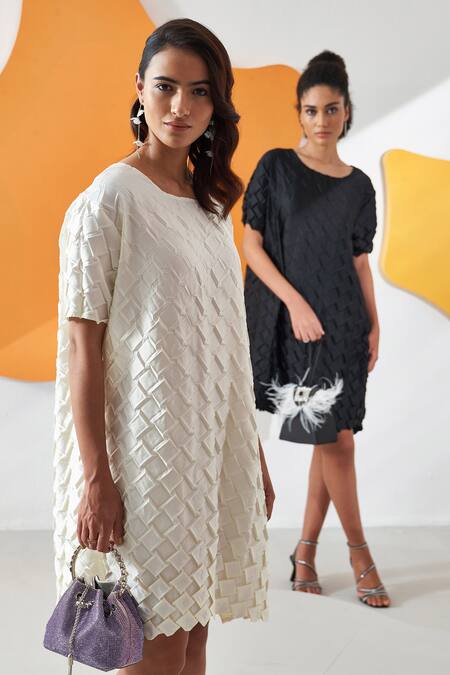 Shop_Pleats By Aruni_Black Crepe Satin Solid Round Anyaa Origami Folds Pleated Short Dress