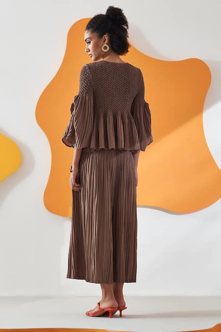 Shop Pleats By Aruni Brown Crepe Round Neck Weavey Crushed Solid Top And Pant Co-ord Set at Aza Fashions Shop_Pleats By Aruni_Brown Crepe Round Neck Weavey Crushed Solid Top And Pant Co-ord Set _at_Aza_Fashions