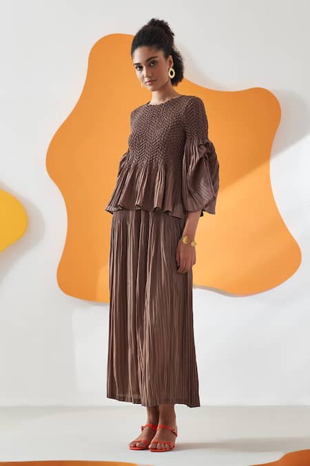 Pleats By Aruni Brown Crepe Round Neck Weavey Crushed Solid Top And Pant Co-ord Set Online at Aza Fashions Pleats By Aruni_Brown Crepe Round Neck Weavey Crushed Solid Top And Pant Co-ord Set _Online_at_Aza_Fashions