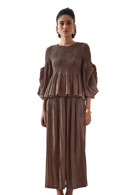 Buy Pleats By Aruni Brown Crepe Round Neck Weavey Crushed Solid Top And Pant Co-ord Set Online at Aza Fashions Buy_Pleats By Aruni_Brown Crepe Round Neck Weavey Crushed Solid Top And Pant Co-ord Set _Online_at_Aza_Fashions