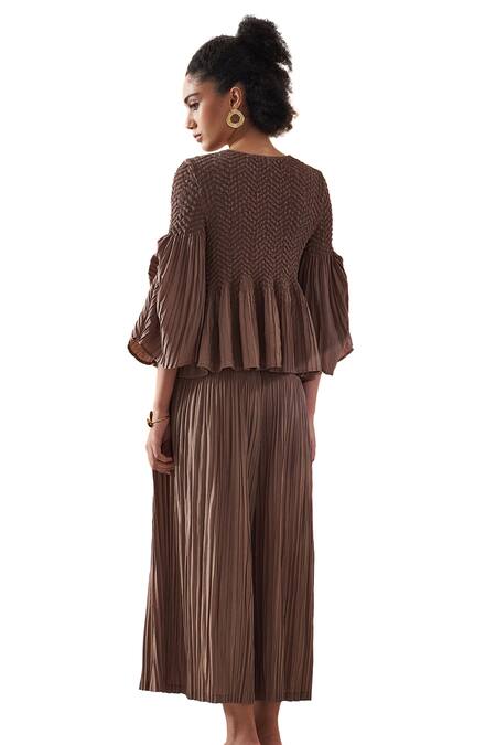 Shop Pleats By Aruni Brown Crepe Round Neck Weavey Crushed Solid Top And Pant Co-ord Set Online at Aza Fashions Shop_Pleats By Aruni_Brown Crepe Round Neck Weavey Crushed Solid Top And Pant Co-ord Set _Online_at_Aza_Fashions