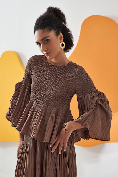 Buy Pleats By Aruni Brown Crepe Round Neck Weavey Crushed Solid Top And Pant Co-ord Set Buy_Pleats By Aruni_Brown Crepe Round Neck Weavey Crushed Solid Top And Pant Co-ord Set