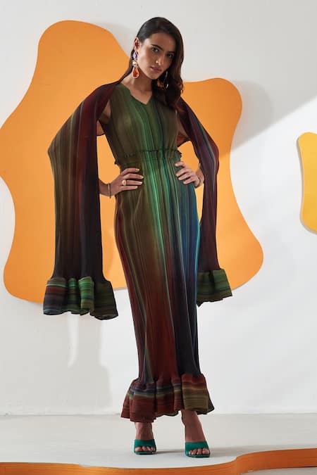 Pleats by Aruni Green Polyester Printed Gradient Lines Cape Open Neck Luna Maxi Dress With 