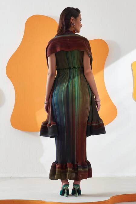 Shop_Pleats By Aruni_Green Polyester V-neck Luna Printed Maxi Dress With Cape _at_Aza_Fashions