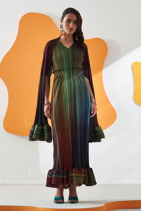 Pleats By Aruni_Green Polyester V-neck Luna Printed Maxi Dress With Cape _Online_at_Aza_Fashions