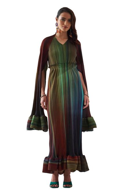Buy_Pleats By Aruni_Green Polyester V-neck Luna Printed Maxi Dress With Cape _Online_at_Aza_Fashions