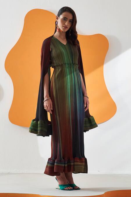 Shop_Pleats By Aruni_Green Polyester V-neck Luna Printed Maxi Dress With Cape _Online_at_Aza_Fashions