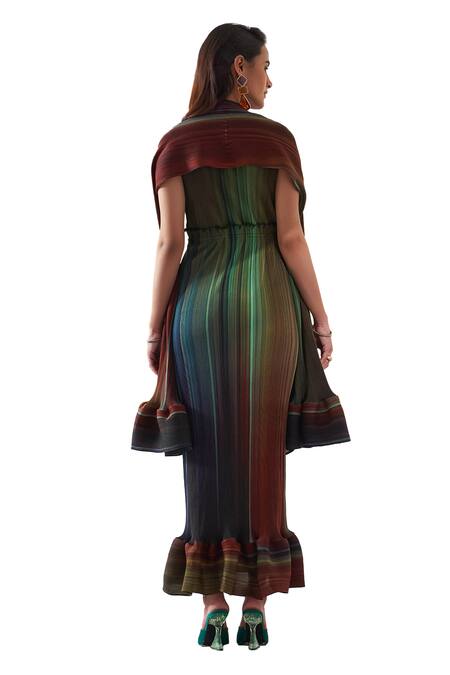 Pleats By Aruni_Green Polyester V-neck Luna Printed Maxi Dress With Cape _at_Aza_Fashions