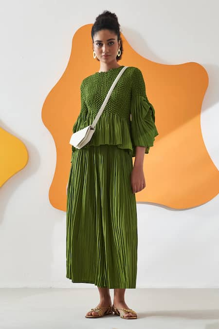 Pleats by Aruni Green Crepe Solid Round Lime Pleated Top And Culotte Pant Set 