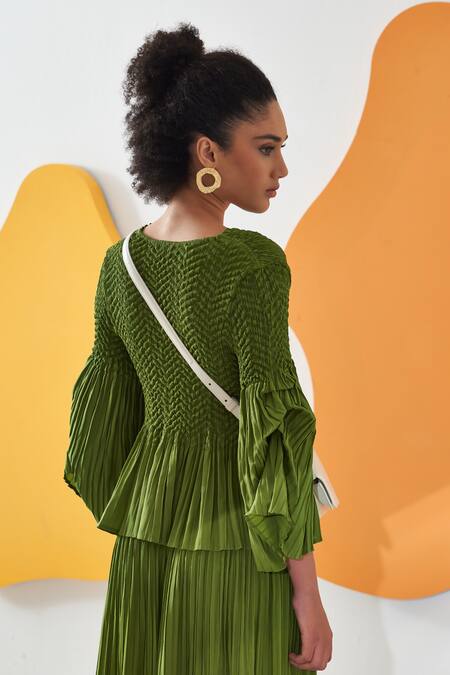 Shop Pleats By Aruni Green Crepe Solid Round Lime Pleated Top And Culotte Pant Set Online at Aza Fashions Shop_Pleats By Aruni_Green Crepe Solid Round Lime Pleated Top And Culotte Pant Set _Online_at_Aza_Fashions