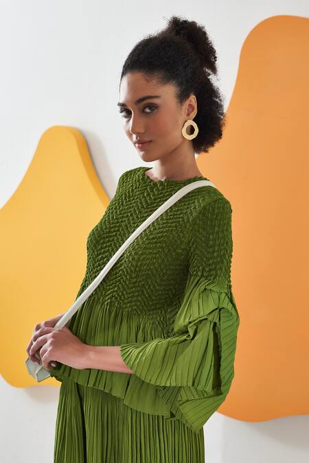 Buy Pleats By Aruni Green Crepe Solid Round Lime Pleated Top And Culotte Pant Set Buy_Pleats By Aruni_Green Crepe Solid Round Lime Pleated Top And Culotte Pant Set