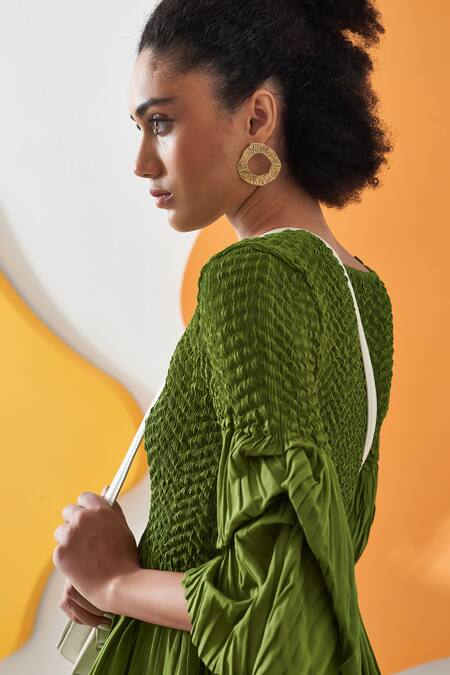 Shop Pleats By Aruni Green Crepe Solid Round Lime Pleated Top And Culotte Pant Set Shop_Pleats By Aruni_Green Crepe Solid Round Lime Pleated Top And Culotte Pant Set