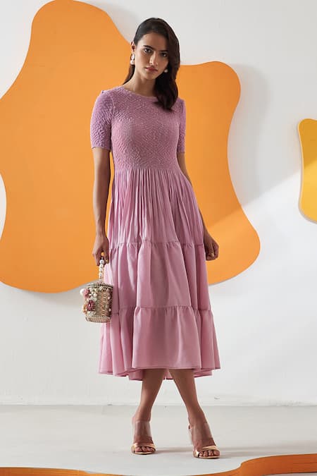 Pleats by Aruni Pink Crepe Solid Round Aesha Crushed Midi Dress 