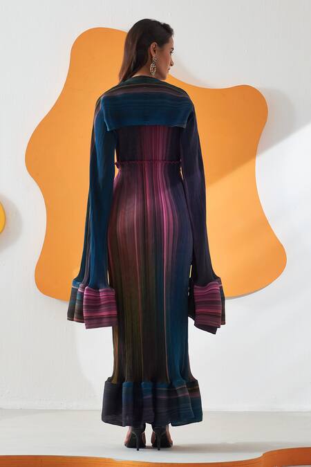Shop Pleats By Aruni Pink Polyester V-neck Luna Gradient Lines Print Maxi Dress With Cape at Aza Fashions Shop_Pleats By Aruni_Pink Polyester V-neck Luna Gradient Lines Print Maxi Dress With Cape_at_Aza_Fashions