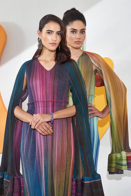 Pleats By Aruni Pink Polyester V-neck Luna Gradient Lines Print Maxi Dress With Cape Online at Aza Fashions Pleats By Aruni_Pink Polyester V-neck Luna Gradient Lines Print Maxi Dress With Cape_Online_at_Aza_Fashions