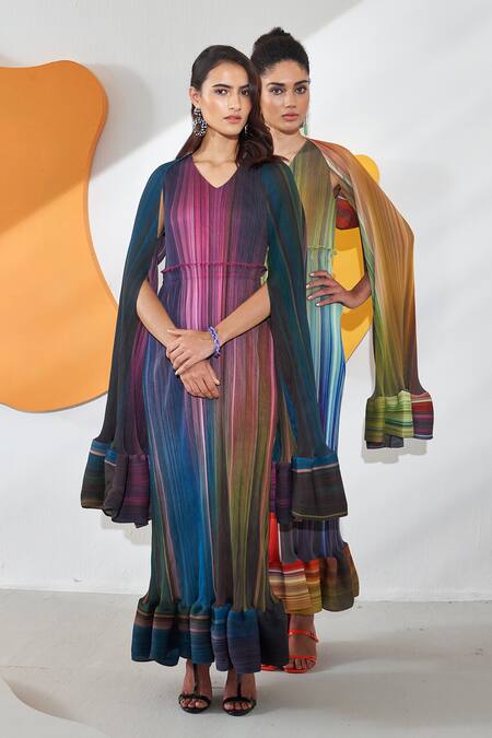Buy Pleats By Aruni Pink Polyester V-neck Luna Gradient Lines Print Maxi Dress With Cape Online at Aza Fashions Buy_Pleats By Aruni_Pink Polyester V-neck Luna Gradient Lines Print Maxi Dress With Cape_Online_at_Aza_Fashions