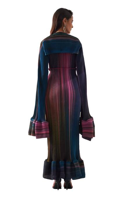 Shop Pleats By Aruni Pink Polyester V-neck Luna Gradient Lines Print Maxi Dress With Cape Online at Aza Fashions Shop_Pleats By Aruni_Pink Polyester V-neck Luna Gradient Lines Print Maxi Dress With Cape_Online_at_Aza_Fashions