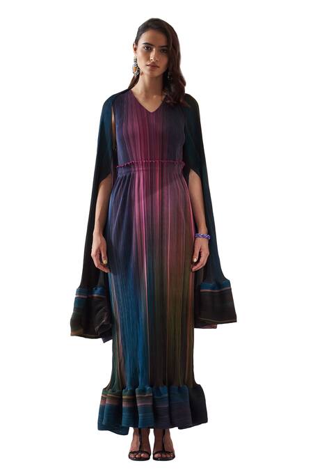 Pleats By Aruni Pink Polyester V-neck Luna Gradient Lines Print Maxi Dress With Cape at Aza Fashions Pleats By Aruni_Pink Polyester V-neck Luna Gradient Lines Print Maxi Dress With Cape_at_Aza_Fashions