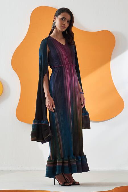 Buy Pleats By Aruni Pink Polyester V-neck Luna Gradient Lines Print Maxi Dress With Cape Buy_Pleats By Aruni_Pink Polyester V-neck Luna Gradient Lines Print Maxi Dress With Cape