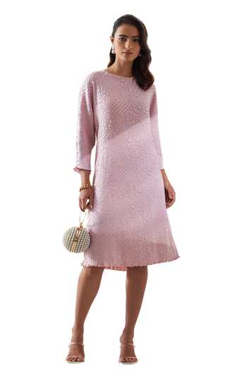 Pleats By Aruni_Pink Polyester Solid Round Lyn Crushed Textured Midi Dress_Online_at_Aza_Fashions
