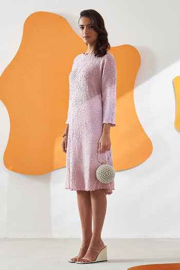 Buy_Pleats By Aruni_Pink Polyester Solid Round Lyn Crushed Textured Midi Dress_Online_at_Aza_Fashions