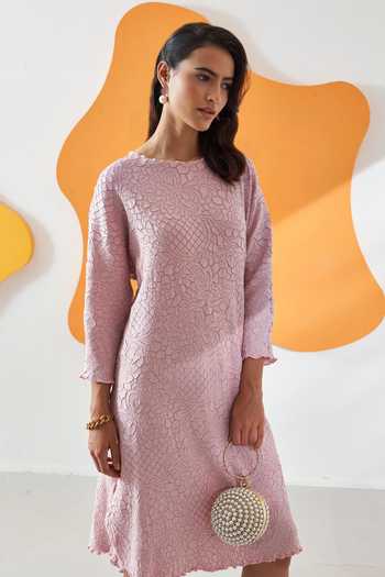 Shop_Pleats By Aruni_Pink Polyester Solid Round Lyn Crushed Textured Midi Dress_Online_at_Aza_Fashions
