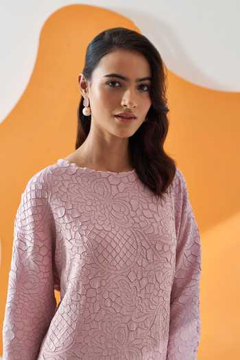 Pleats By Aruni_Pink Polyester Solid Round Lyn Crushed Textured Midi Dress_at_Aza_Fashions