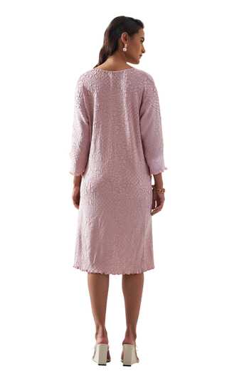 Buy_Pleats By Aruni_Pink Polyester Solid Round Lyn Crushed Textured Midi Dress