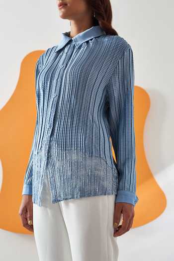 Pleats By Aruni_Blue Polyester Solid Collar Toteme Pleated Plain Shirt_Online_at_Aza_Fashions
