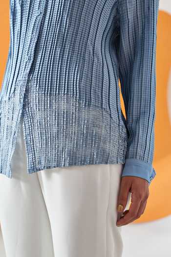 Buy_Pleats By Aruni_Blue Polyester Solid Collar Toteme Pleated Plain Shirt_Online_at_Aza_Fashions