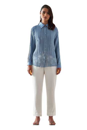 Shop_Pleats By Aruni_Blue Polyester Solid Collar Toteme Pleated Plain Shirt_Online_at_Aza_Fashions