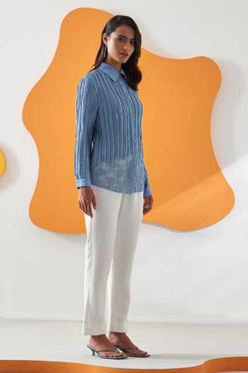 Pleats By Aruni_Blue Polyester Solid Collar Toteme Pleated Plain Shirt_at_Aza_Fashions