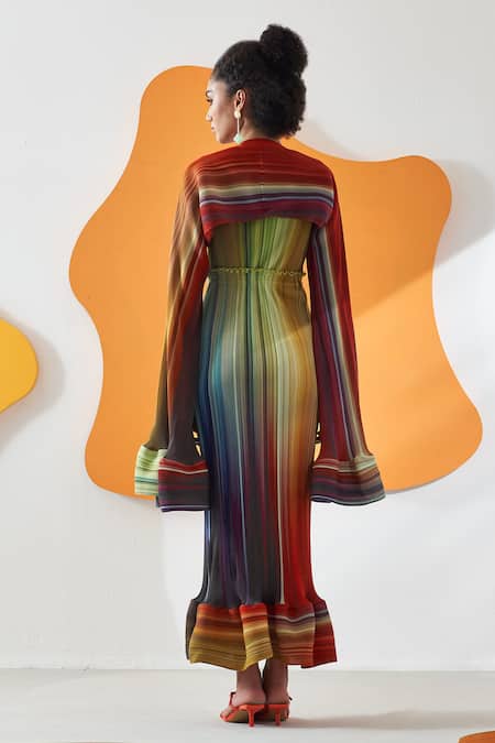 Pleats By Aruni Luna Gradient Lines Pattern Maxi Dress With Cape 