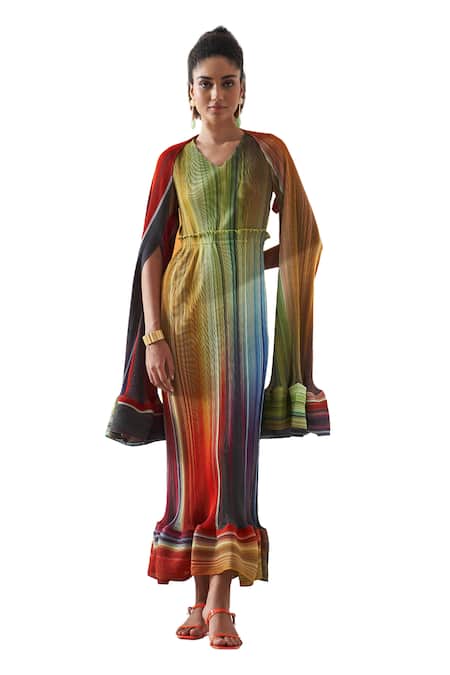 Pleats By Aruni Yellow Polyester V-neck Luna Gradient Lines Pattern Maxi Dress With Cape Online at Aza Fashions Pleats By Aruni_Yellow Polyester V-neck Luna Gradient Lines Pattern Maxi Dress With Cape_Online_at_Aza_Fashions