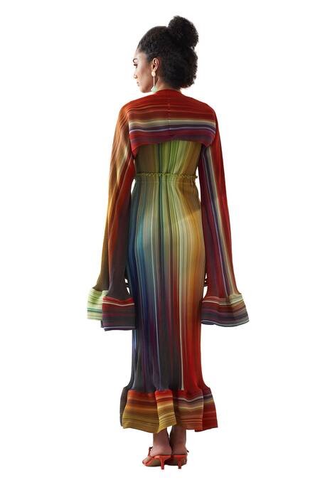 Buy Pleats By Aruni Yellow Polyester V-neck Luna Gradient Lines Pattern Maxi Dress With Cape Online at Aza Fashions Buy_Pleats By Aruni_Yellow Polyester V-neck Luna Gradient Lines Pattern Maxi Dress With Cape_Online_at_Aza_Fashions