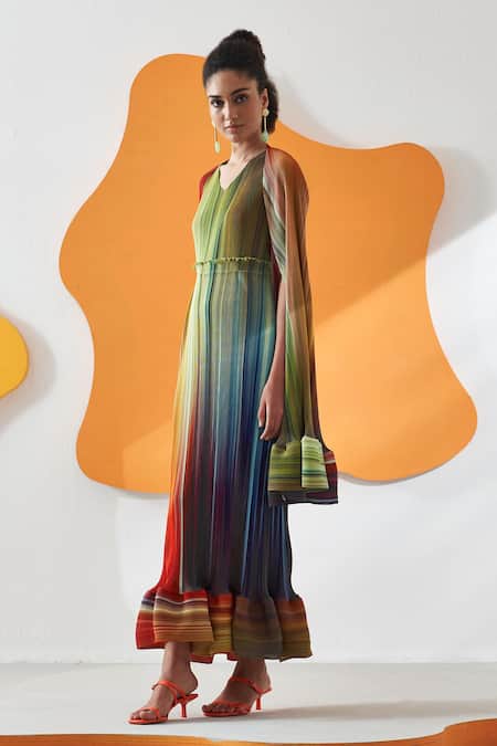 Shop Pleats By Aruni Yellow Polyester V-neck Luna Gradient Lines Pattern Maxi Dress With Cape Online at Aza Fashions Shop_Pleats By Aruni_Yellow Polyester V-neck Luna Gradient Lines Pattern Maxi Dress With Cape_Online_at_Aza_Fashions