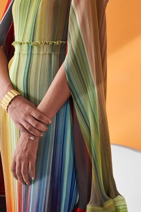 Buy Pleats By Aruni Yellow Polyester V-neck Luna Gradient Lines Pattern Maxi Dress With Cape Buy_Pleats By Aruni_Yellow Polyester V-neck Luna Gradient Lines Pattern Maxi Dress With Cape