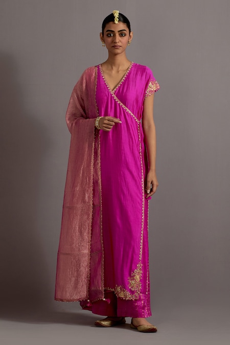 Deep Thee Fuchsia Silk Hand Embroidered Zardozi V Neck Border Straight Angarkha Set