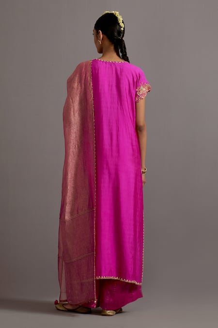 Shop Deep Thee Fuchsia Silk, Tissue Zari, Sequins, Zardozi Border Straight Angarkha Set at Aza Fashions Shop_Deep Thee_Fuchsia Silk, Tissue Zari, Sequins, Zardozi Border Straight Angarkha Set _at_Aza_Fashions