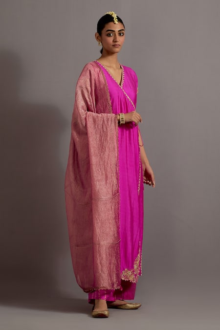 Buy Deep Thee Fuchsia Silk, Tissue Zari, Sequins, Zardozi Border Straight Angarkha Set Online at Aza Fashions Buy_Deep Thee_Fuchsia Silk, Tissue Zari, Sequins, Zardozi Border Straight Angarkha Set _Online_at_Aza_Fashions